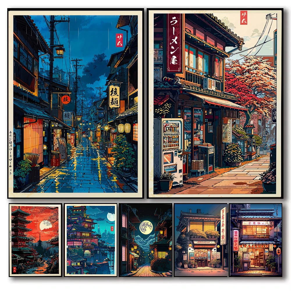 Anime Ramen Shop Food Illustration Canvas Print Tokyo City Street View Wall Poster for Modern Living Room Kitchen Home Decor