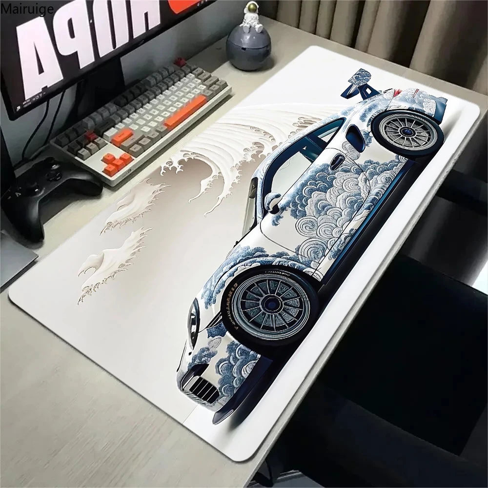 Large White Sports Car Design Gaming Mouse Pad Anti-Slip Rubber Base Extended Desk Mat for Gamer Office Use Computer Accessories