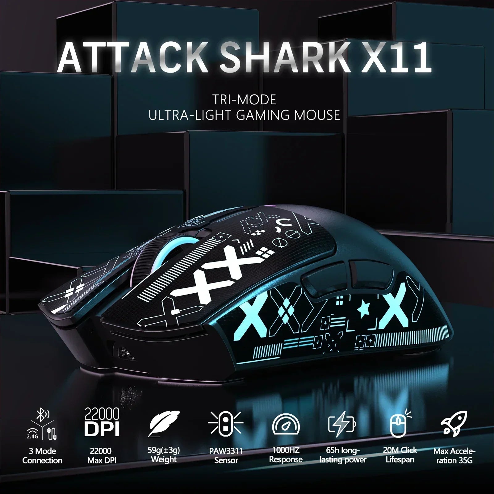 ATTACK SHARK X11 Wireless Gaming Mouse Charging Dock PixArt PAW3311 BT/2.4G Wireless/Wired Gaming Sensor Gift Anti-slip Sticker