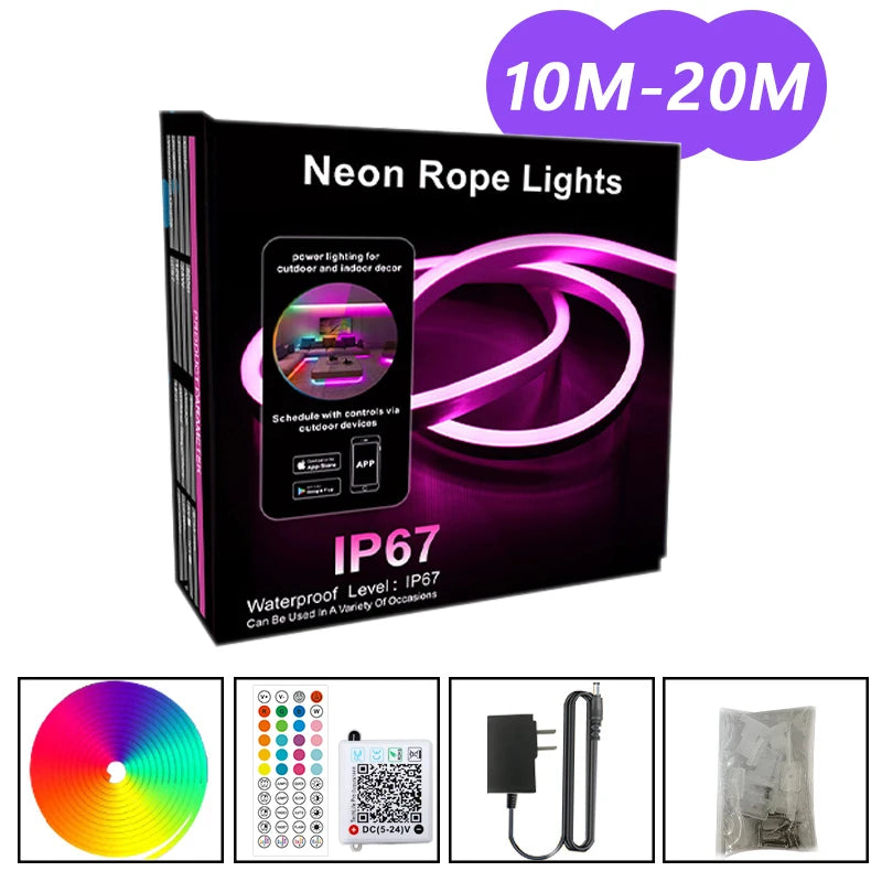 EU Plug DC24V 3535 RGB Neon LED Strip 5/10/15/20/30M Bluetooth Music Sync Waterproof Neon Rope Light for Indoor Outdoor Decor