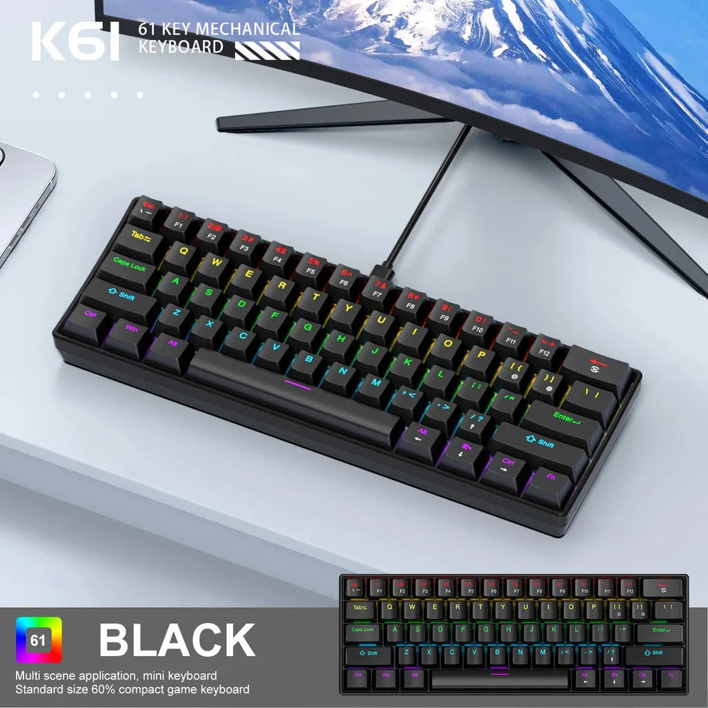 APAYADO K61 Wired Mechanical Keyboard - 60% Compact (61 Keys), RGB Backlit, Portable Design, Phantom Switches, for Gaming