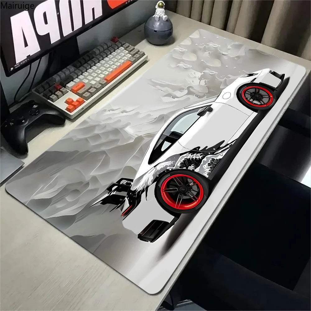Large White Sports Car Design Gaming Mouse Pad Anti-Slip Rubber Base Extended Desk Mat for Gamer Office Use Computer Accessories