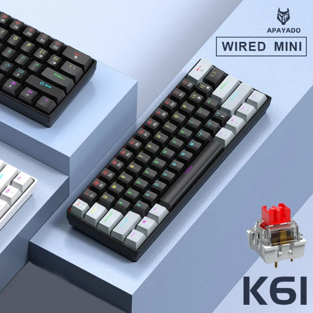 APAYADO K61 Wired Mechanical Keyboard - 60% Compact (61 Keys), RGB Backlit, Portable Design, Phantom Switches, for Gaming