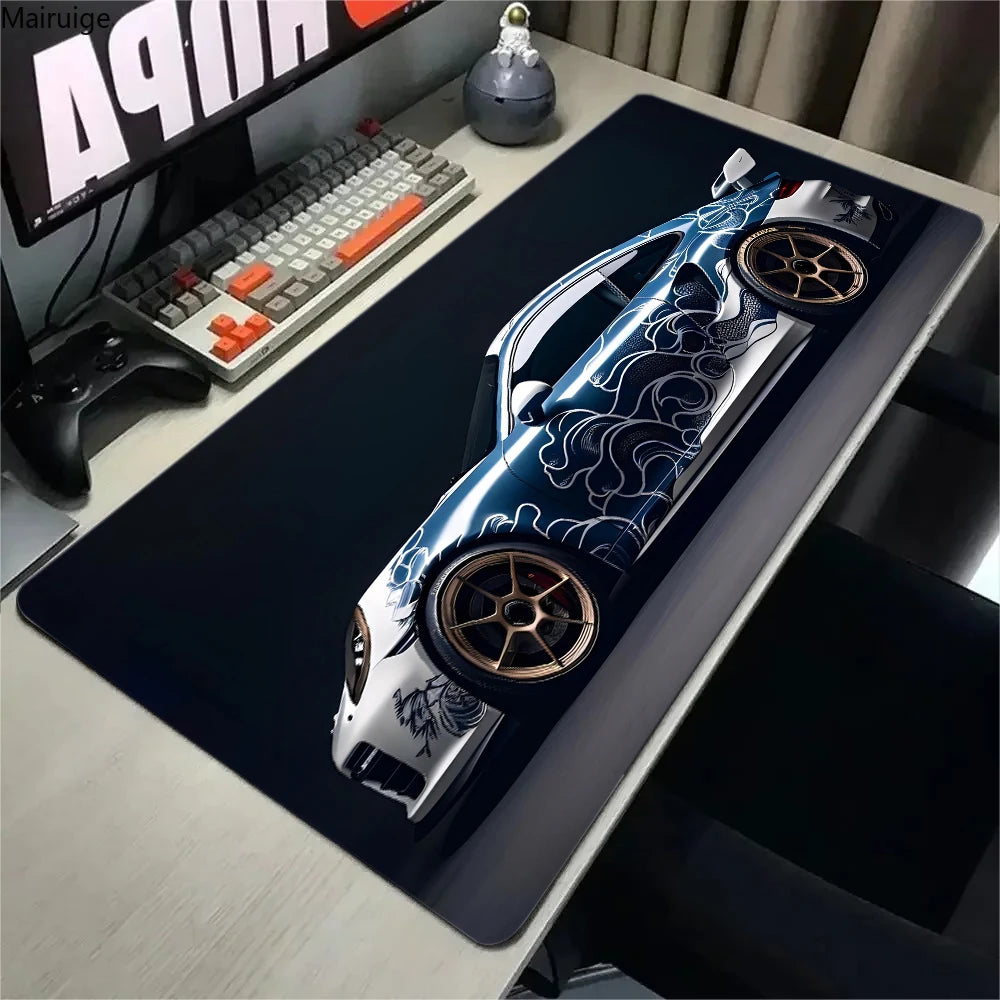Large White Sports Car Design Gaming Mouse Pad Anti-Slip Rubber Base Extended Desk Mat for Gamer Office Use Computer Accessories