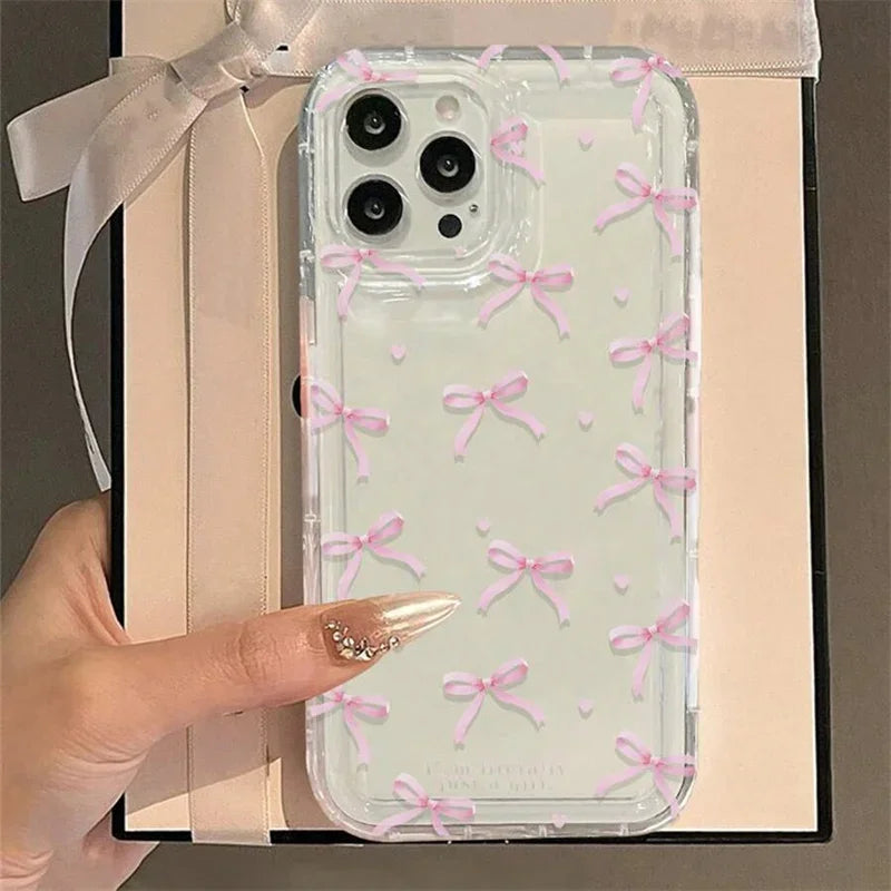 Cute Pink Heart Bow Phone Case for IPhone 17 16 15 14 13 12 11 Pro Max 13 12 Mini 17Air 16e Shockproof Soft Clear Cases Coque