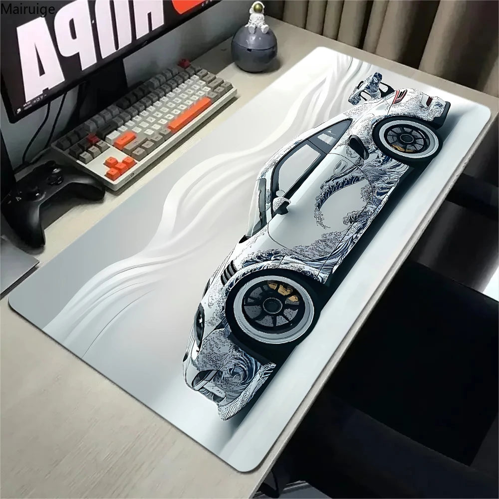 Large White Sports Car Design Gaming Mouse Pad Anti-Slip Rubber Base Extended Desk Mat for Gamer Office Use Computer Accessories