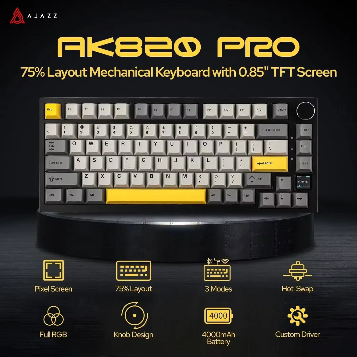 Ajazz AK820/AK820Pro Gaming Mechanical Keyboard Bluetooth 5.1/Wireless/C-Wired Customized Keyboard with Knob Hot Swapping Gasket