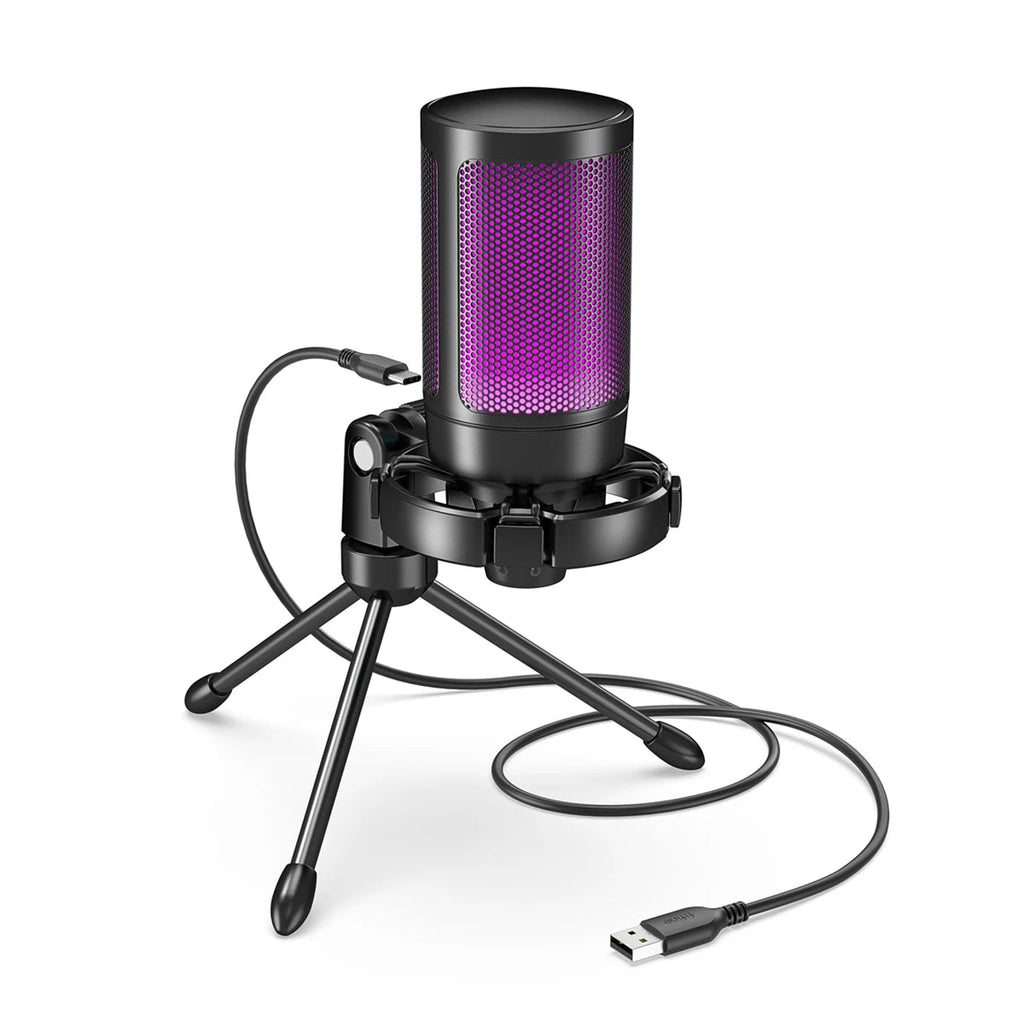 AmpliGame by FIFINE RGB USB Gaming Microphone with Light-touch Mute,Condenser Mic with Tripod for PC,PS4/5,Laptop Streaming-A2