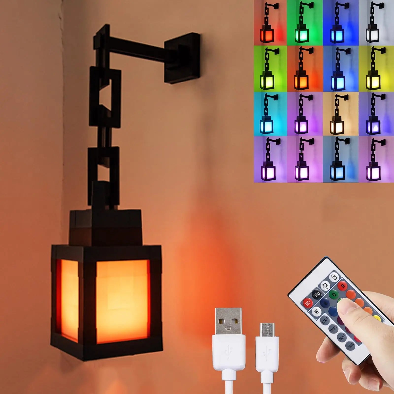 Pixel Lantern Night Light - 16-Color RGB Remote Control, USB Rechargeable Design, Ideal for Bedroom, Game Room Wall or Table Mou
