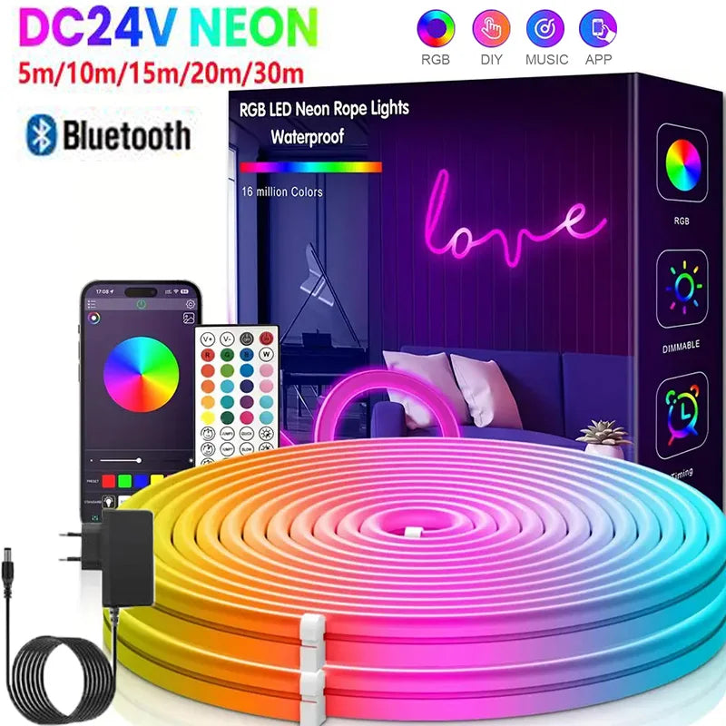 EU Plug DC24V 3535 RGB Neon LED Strip 5/10/15/20/30M Bluetooth Music Sync Waterproof Neon Rope Light for Indoor Outdoor Decor